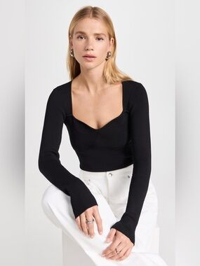 STAUD $245 Silhouette Black Ribbed Square-Neck Long Sleeve Top - Women